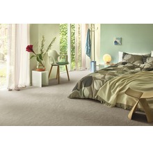 Lichte woonkamer met tapijt, bed en decoratie