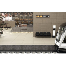 Weergave van een metrostation met zitplaatsen, café en een binnenkomende trein.