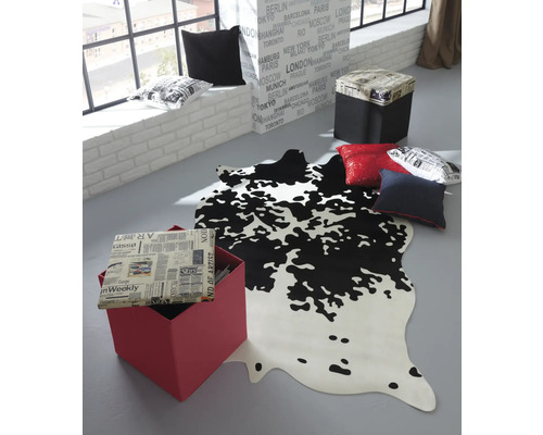 Decoratieve kamer met tapijt in koeienhuidpatroon, zitting kubussen en kussens
