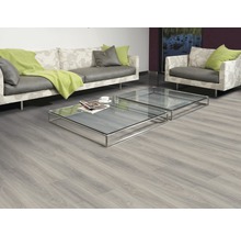 Woonkamer met laminaatvloer, bank, fauteuil en glazen tafels.