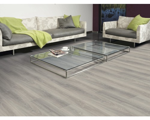 Woonkamer met laminaatvloer, bank, fauteuil en glazen tafels.