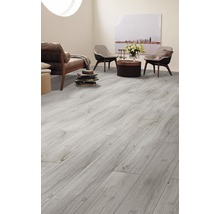 Lichte woonkamer met laminaatvloer in houtlook, bank, stoelen en decoratie