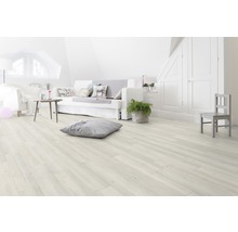 Lichte kamer met laminaatvloer, bank en decoratie