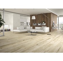 Lichte woonkamer met houten vloertegels, bank en planken
