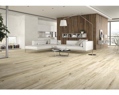 Lichte woonkamer met houten vloertegels, bank en planken