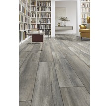 Interieur met houten vloer in plankmotief, boekenkasten en ladder