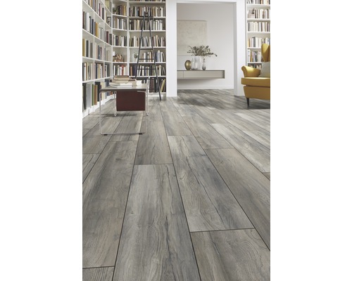 Interieur met houten vloer in plankmotief, boekenkasten en ladder