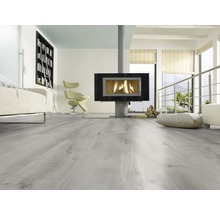 Lichte kamer met moderne open haard en houten vloer