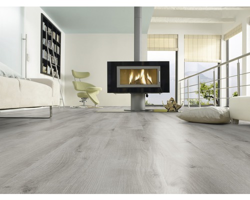 Lichte kamer met moderne open haard en houten vloer