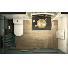 Bovenaanzicht van een badkamer met toilet, wastafel en douche