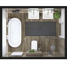 Bovenaanzicht van een badkamer met bad, wastafels, toilet en douche