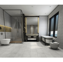 Lichte badkamer met douche, wastafel en ligbad.