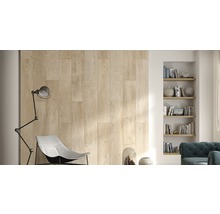 Woonkamer met wandtegels in houtlook en planken
