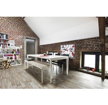 Lichte eetkamer met eettafel, bank, stoelen en boekenkast tegen een bakstenen muur