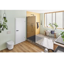 Badkamer met douche, toilet, deur en decoratie