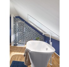 Badkamer met ligbad, douche en dakraam in een huis