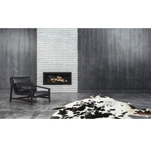 Woonkamer met fauteuil, open haard en vloerkleed in koeienhuid design