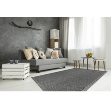 Moderne woonkamer met grijze bank, vloerkleed en sierkussens