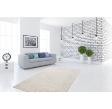Lichte woonkamer met vloerkleed, bank, decoratie en witte bakstenen muur