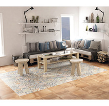 Woonkamer met zithoek van pallets, houten tafel, een vloerkleed met motief en een houten vloer