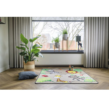 Speelkamer met raam, gordijnen, kamerplanten, speelkleed met dierenmotieven en kussen