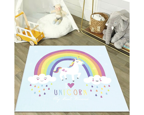 Vierkant kinderkamer tapijt met eenhoorn- en regenboogmotief