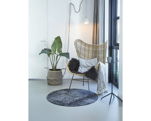 Woonkamer met rotan stoel, rond tapijt, kamerplant en decoratie