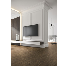 Moderne woonkamer met televisie, lambrisering en houten vloer