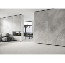 Moderne woonkamer met tegels in steenlook, open haard en eetgedeelte