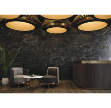 Receptieruimte met marmeren wand, receptiebalie en zitplaatsen.