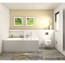 Badkamer met bad, toilet, radiator, tegels en decoratie