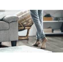 Voorbeeld van een woonkamer met houten vloer, bank en fauteuil