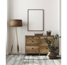 Woonkamerscène met houten dressoir, vloerlamp, kamerplant, wanddecoratie en decoratie in manden.