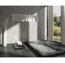 Moderne badkamer met bad, betegelde muur en decoratie