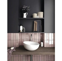 Moderne badkamer met waskom, kraan, tegels en planken.