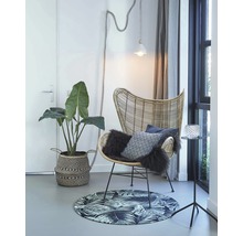 Woonkamerscène met rotan stoel, plant in mand, vloerkleed en staande lamp