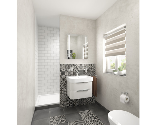 Badkamer met douche, wastafelonderkast, spiegelkast en rolgordijnen