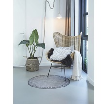 Licht interieur met rotan stoel, plant in mand, rond vloerkleed, kussens en sprei