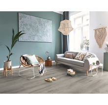 Lichte woonkamer met bank, fauteuil, decoratie en grijze vloerbedekking
