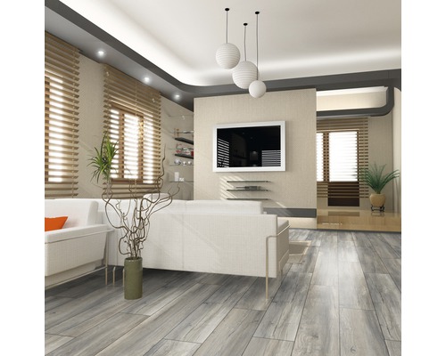 Lichte woonkamer met houten vloer, bank, televisie en ramen met jaloezieën.