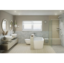 Lichte badkamer met wastafels, spiegels, bad en douche.