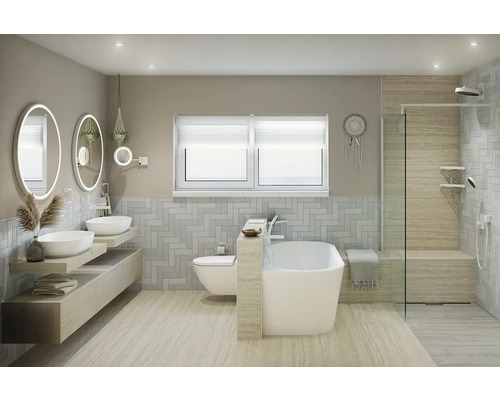 Lichte badkamer met wastafels, spiegels, bad en douche.