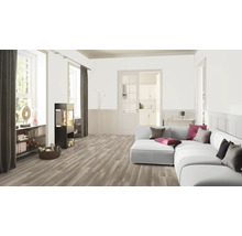 Woonkamer met houten vloer, bank en houtkachel