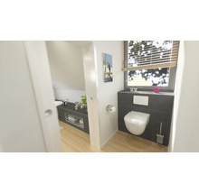 Moderne badkamer met toilet, wastafel en raam met jaloezie