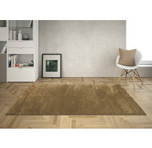 Interieur met bruin tapijt, witte kast, foto en stoel