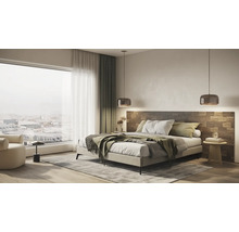 Moderne slaapkamer met bed, nachtkastje en hanglampen
