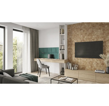 Woonkamer met bureau, stoel, plank en televisie aan de muur met houten bekleding.