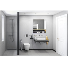 Badkamer met douche, toilet, wastafel en spiegelkast.