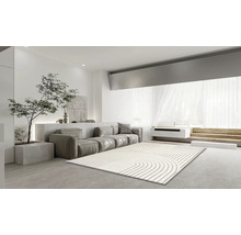 Woonkamer met bank, plant en vloerkleed met geometrische patronen