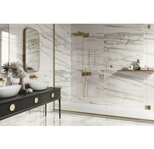 Lichte badkamer met marmeren tegels, dubbele wastafel en douche met glazen wand